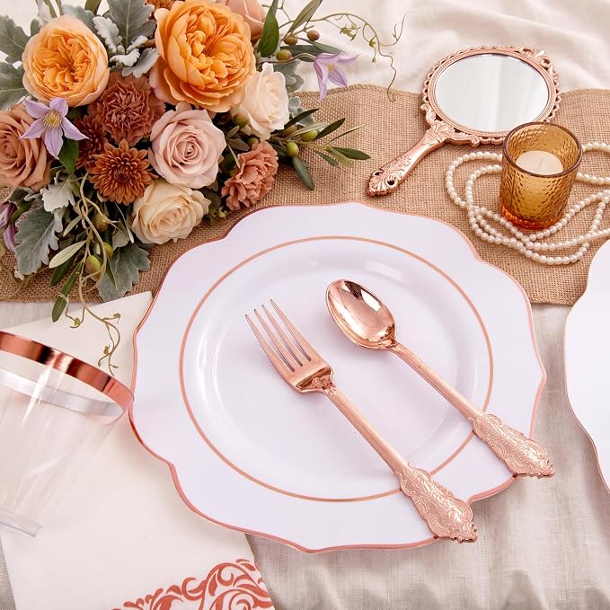 NOCCUR 175PCS Rose Gold Plastic Plates with Disposable Silverware - Include 25Dinner Plates, 25Dessert Plates, 25Forks, 25Knives, 25Spoons, 25Cups, 25Napkins for Party/Wedding/Birthday/Graduation