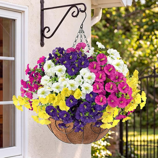 Artificial Flowers for Outdoors with Baskets Hanging Plant Faux Flowers UV Resistant Fake Silk Morning Glory with Eucalyptus for Planter Porch Garden Home Spring Summer Decoration(Mixed 4 colors)