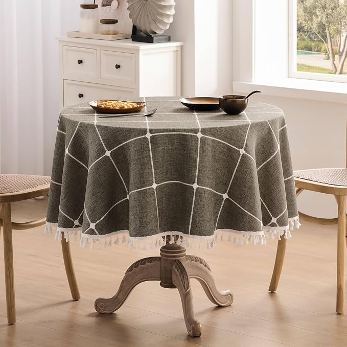 ZeeMart Boho Grid Table Cloth with Tassels (Cocoa Brown, 52" Round), Heavy Weight Linen Checked Embroidered Farmhouse Tablecloth, Water Resistant Round Brown Tablecloths