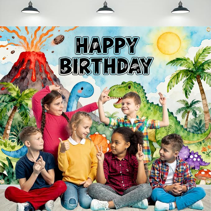 Dinosaur Birthday Backdrop 8x6FT – Large Happy Birthday Dinosaur Banner with Ribbon, Double-Stitched, Clear & Bright Dino Jungle Background for Boys Girls Birthday Party Decorations & Photoshoot Props
