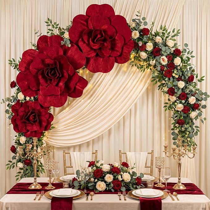 Norme 3 Pcs Artificial Giant Burgundy Velvet Run for The Rose 12, 16, 20 Inch Rose Petals Big Paper Flowers Giant Flower Decorations Large Burgundy Flowers for Valentine, Home Decor