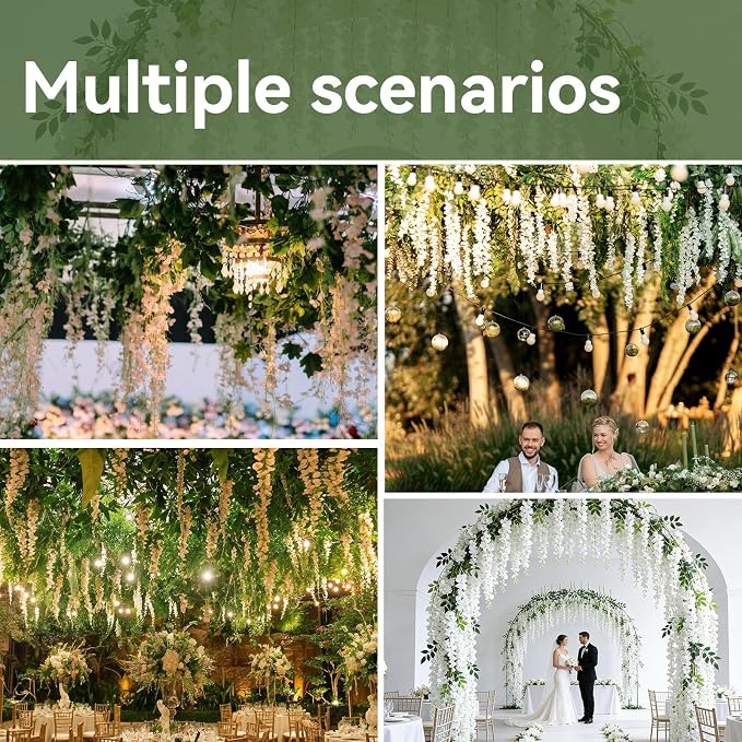 50 Pack White Wisteria Hanging Flowers,Fake Hanging Wisteria Flowers Garland for Decoration (3.6 Ft/Pcs)