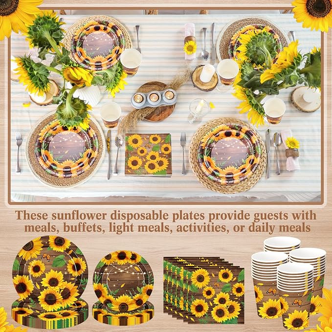 Ziliny 250 Pcs Sunflower Party Decorations Include Spring Summer Floral Paper Plates Napkins and Cups for Wildflower Baby Shower Tea Decorations, Serve 50 Guest(Yellow and Brown,Sunflower Style)