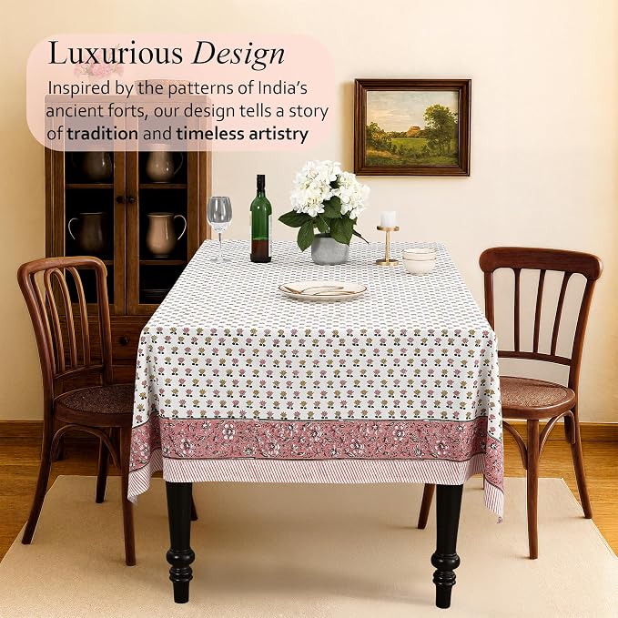CPC Rosette Bloom Tablecloth 100% Cotton 72x140 Inch Indian Block Print Rectangle Table Cover, Table Cloth for Gifting in Weddings, Halloween, Fall, Christmas, Thanksgiving