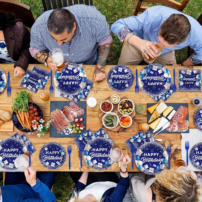 gisgfim 50 Guests Blue Birthday Party Supplies Navy Blue and Silver Plates and Napkins Plastic Forks Happy Birthday Tableware Paper Disposable Plates for Men Women Party 200PCS