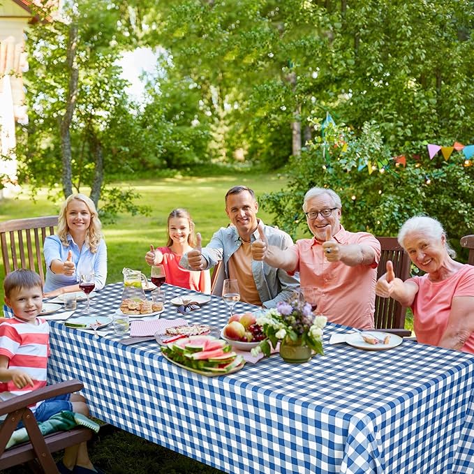 Kochorie 54 Inch x 100 Ft Blue Checkered Plastic Table Cloth Roll Disposable Waterproof Table Cover Plastic Table Cover Roll with Easy Slide Cutter for Outdoor Picnic/Home Dining/Summer Party