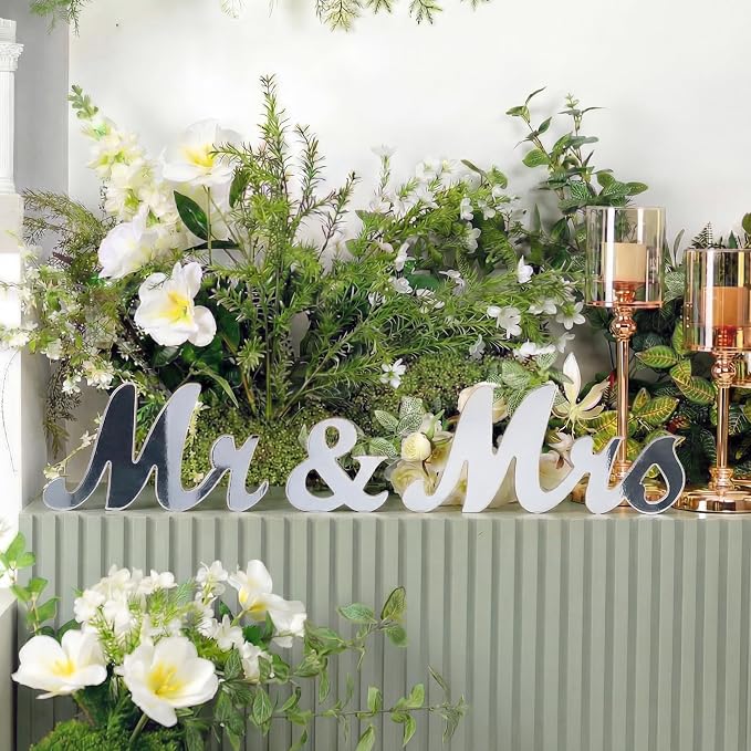 Yuntau Mr & Mrs Table Sign with Acrylic Mirror Wooden Freestanding Letters Sweetheart Table Decorations & Photo Props for Wedding Anniversary Parties Photo Props, Rustic Shower Gift(Silver)