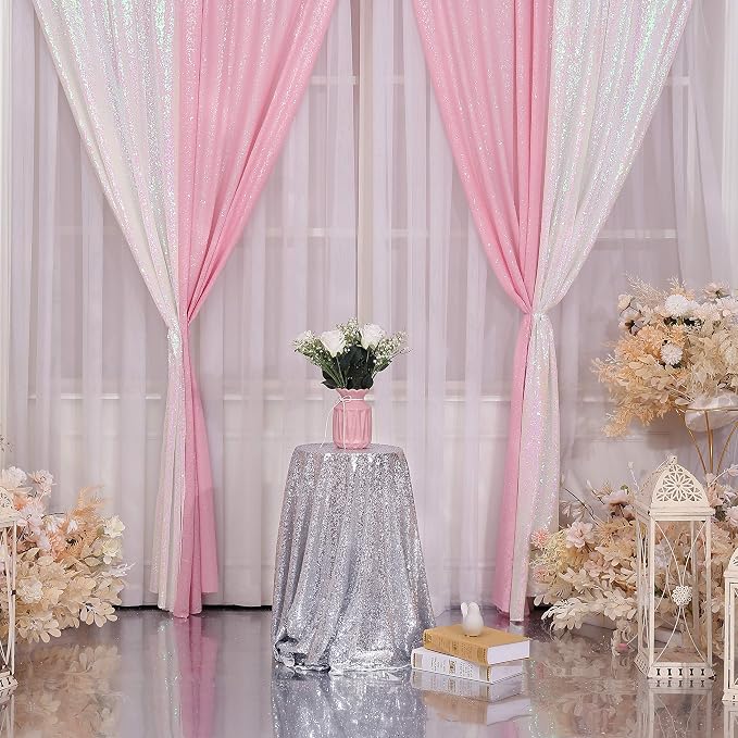 Poise3EHome Pink Sequin Backdrop Curtain, 2 Panels 2Ft x 8Ft Glitter Photography Background for Party Baby Shower Wedding Birthday Christmas Thanksgiving Halloween Decoration