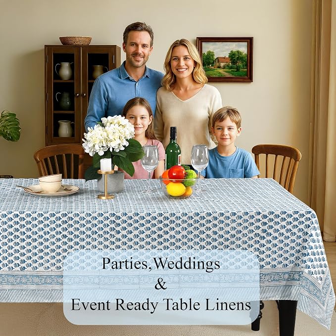 CPC Cotton Tablecloth 80x120 Inch Rectangle Indian Block Print Tablecloth- Blue Washable Wedding Table Cover for Thanksgiving/Christmas- Apatite Blue