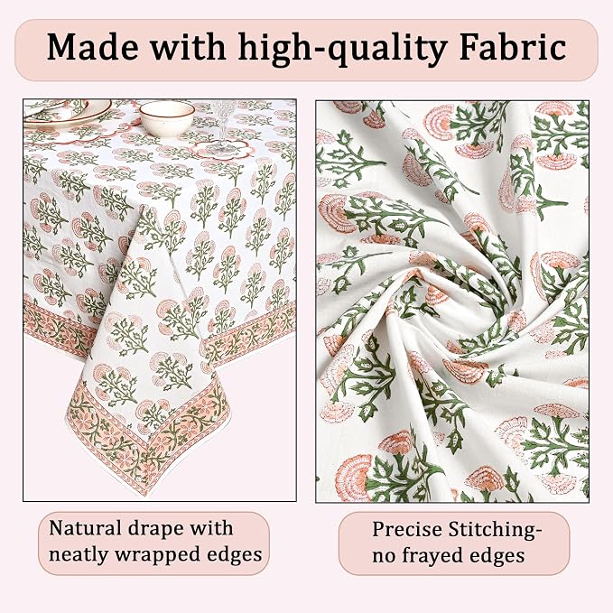 Ridhi Mughal Buta Peach Hand Block Print Cotton Rectangle Tablecloth 108" x 60" inches Reusable Table Cover Decorative Everyday Use for Dining Room, Farmhouse, Home Gift for Spring, Mother's Day
