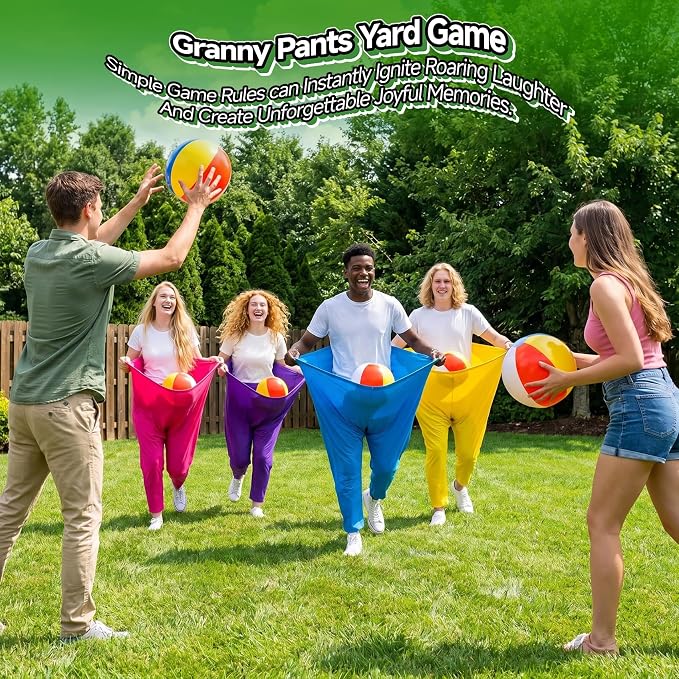 Granny Pants Party Game Set for 8+ Players, 4-Color Team Backyard Yard Games with 16 Bouncy Balls & 2 Pumps – Funny Outdoor Field Day Tossing Games for Adults Kids Family Reunion BBQ Brithday Party