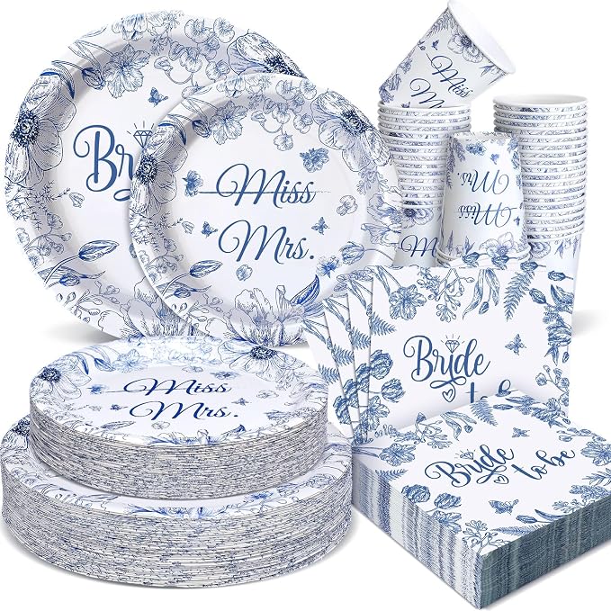 Zhehao 250 Pcs Bridal Shower Decorations Bride to Be Bridal Shower Plates Napkins Sets 50 Pcs 9'' Dinner Plates and 7'' Dessert Plate and 9oz Cups 100 Napkins Serves 50 Engagement Supplies