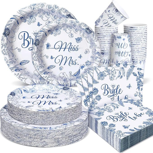 Zhehao 250 Pcs Bridal Shower Decorations Bride to Be Bridal Shower Plates Napkins Sets 50 Pcs 9'' Dinner Plates and 7'' Dessert Plate and 9oz Cups 100 Napkins Serves 50 Engagement Supplies