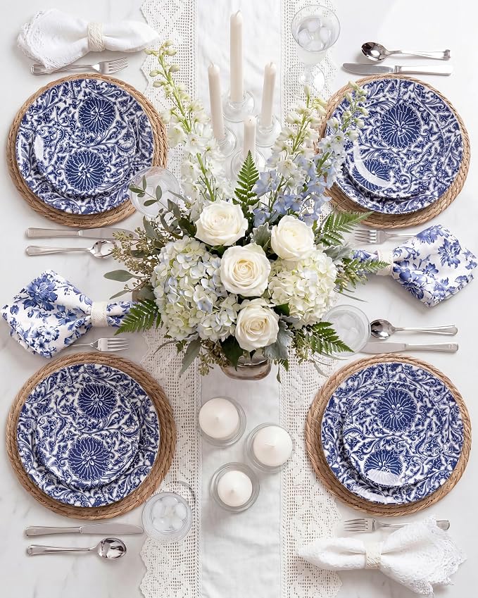 Hioasis 60pcs Plastic Disposable Plates Set - Blue Dandelion & Blue Leaf Pattern, 10.25 Dinner & 7.5 Dessert Plates for Wedding,Anniversary,Party and Holiday