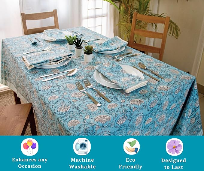 Sky Blue Block Print Table Cloth- 60x90 Inch Rectangle 100% Cotton Handmade Pre-Shrink, Washable for Spring, Kitchen & Dining Perfect for Patio, Indoor & Outdoor, Farmhouse