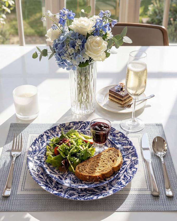 Hioasis 60pcs Plastic Disposable Plates Set - Blue Dandelion & Blue Leaf Pattern, 10.25 Dinner & 7.5 Dessert Plates for Wedding,Anniversary,Party and Holiday