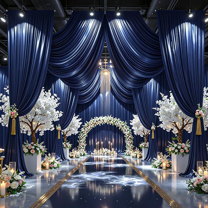 30x10ft Navy Blue Glitter Backdrop Curtain for Parties, Wrinkle Free Satin Photo Backdrop Drapes 6 Panels 5x10FT Shimmer Back Drop Cloth for Wedding Birthday Baby Shower Photography Background Decor