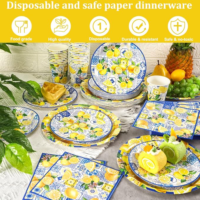 Hsei 250 Pcs Capri Lemon Plates and Napkins Party Decorations Disposable Tableware Sets Festival Birthday Party Supplies Serves 50 Guests Dinnerware Bridal Shower Party Favors