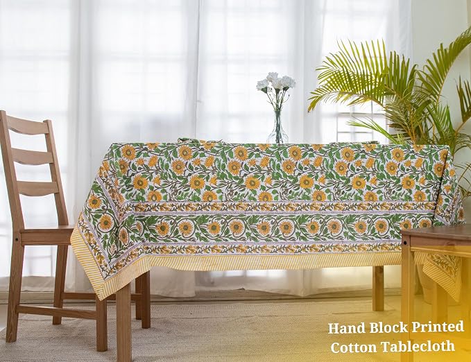 Block Print Table Cloth- Yellow 60x108 Inch Rectangle 100% Cotton Handmade Pre-Shrink, Washable for Spring, Kitchen & Dining Perfect for Chirstmas, Patio, Indoor & Outdoor, Farmhouse
