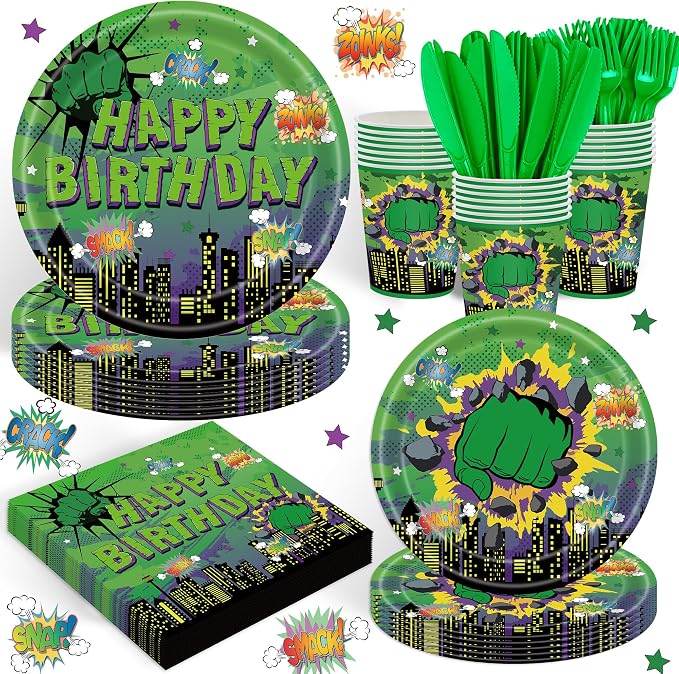 120 PCS Green Hero Party Decorations Include Plates Napkins and Knife and Fork Green Hero Party Supplies Serves 20
