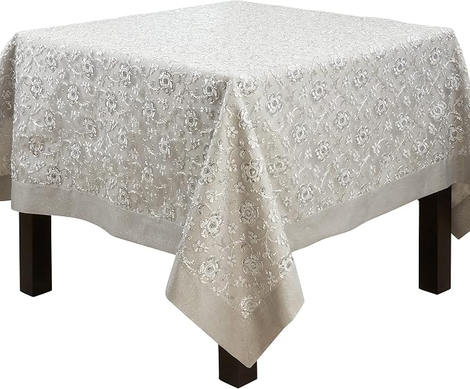 SARO LIFESTYLE Floral Embroidered Tablecloth, Silver, 65"