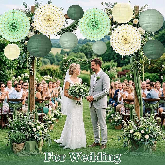 Sage Green Party Decorations Set with Hanging Paper Lanterns Fans for Bridal Baby Shower Wedding Women Girls 16th 21st Birthday Tea Party Supplies