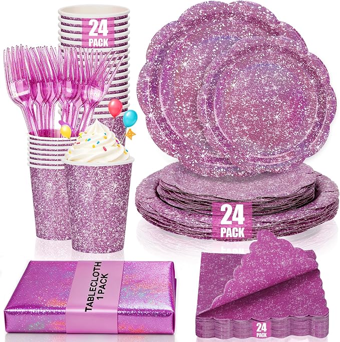 Purple Iridescent Plates and Napkins Set, Scalloped Disposable Holographic Plates Cups Napkins Forks Tablecloth Party Supplies for Birthday Baby Shower Bridal Shower Decorations, Serves 24 Guests