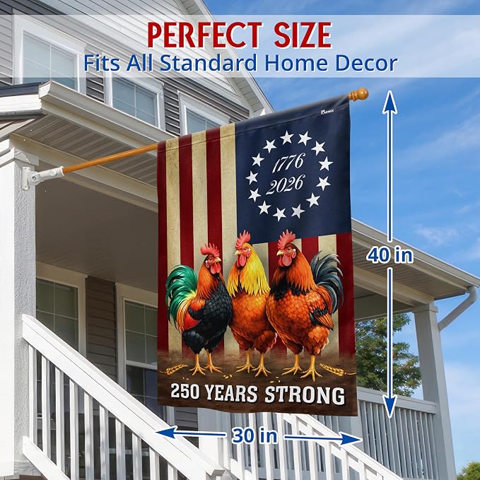 FLAGWIX American 250 Years Anniversary Rooster Flag - Polyester Double-sided Yard Flags For Outside House Flag (29.5" x 39.5") - 4th of July Decorations for Farm Home Yard Garden Decor Banner
