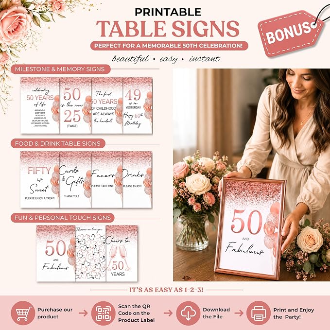 Premium 50th Birthday Decorations for Women - Rose Gold & Black 40 Pc Kit | 2026 Family Choice Award winner; Oxford-cloth backdrop (not paper), 30+ balloons, banner, tiara, sash & printable signs