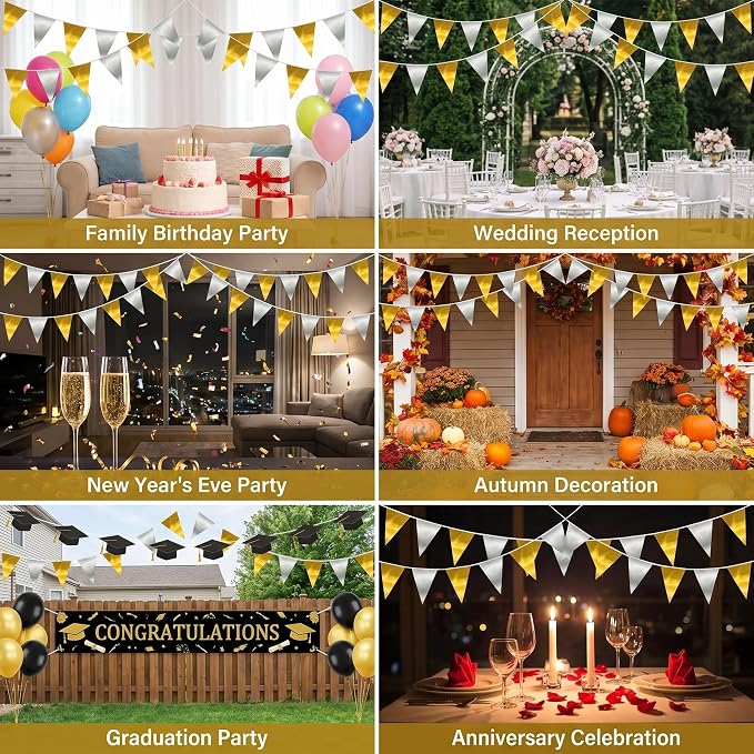 40M/130FT Gold Silver Triangle Pennant Banner Flag Metallic Fabric Bunting Garland for Christmas Wall Hanging,Graduation Decorations, New Years Decorations,Father' Da
