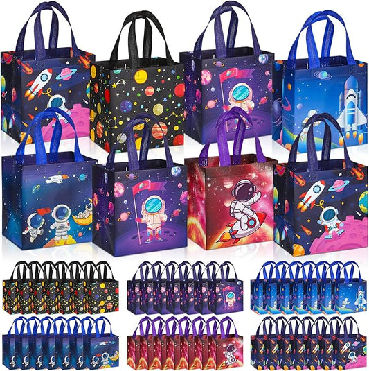 Kigeli 60 Pcs 6 Style Space Goodie Bags, Space Party Favors Large Non-woven Gifts Bags with Handles, Astronaut Planet Rocket Goodie Candy Tote for Baby Shower, Galaxy Theme Birthday Party Supplies