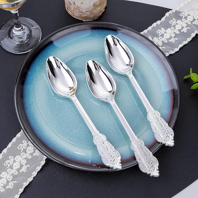 WDF 100 Piece Silver Plastic Spoons Disposable - 6.93 Inch Baroque Silver Silverware for Dessert Cake - Heavy Duty Plastic Spoons for Party Wedding Daily Using Baby Shower Spring