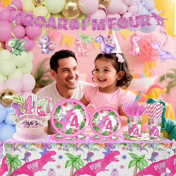 Pink Girl Dinosaur 4th Birthday Decorations for Dino-Four dinosaurs girl Birthday Party Tableware Set include Glitter Roar I'm Four Banner Plates Napkins Cups Tablecloth for 4th Girls Party Supplies
