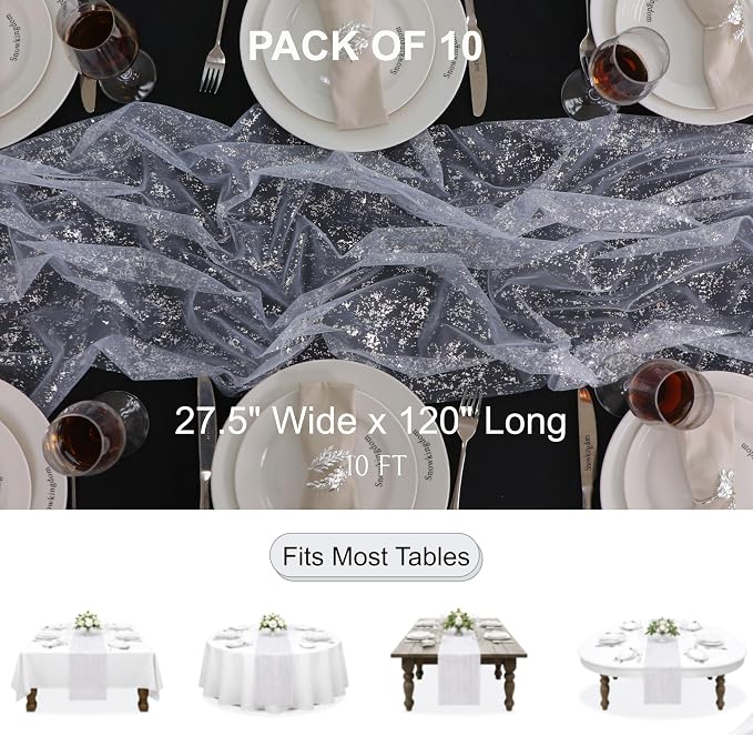 Snowkingdom 10 Pcs 10 FT Silver Table Runners, Sheer Chiffon Gauze Cheesecloth Runner, Sequin Glitter Silver Party Table Decoration Centerpieces for Wedding Christmas Birthday Bridal Baby Shower