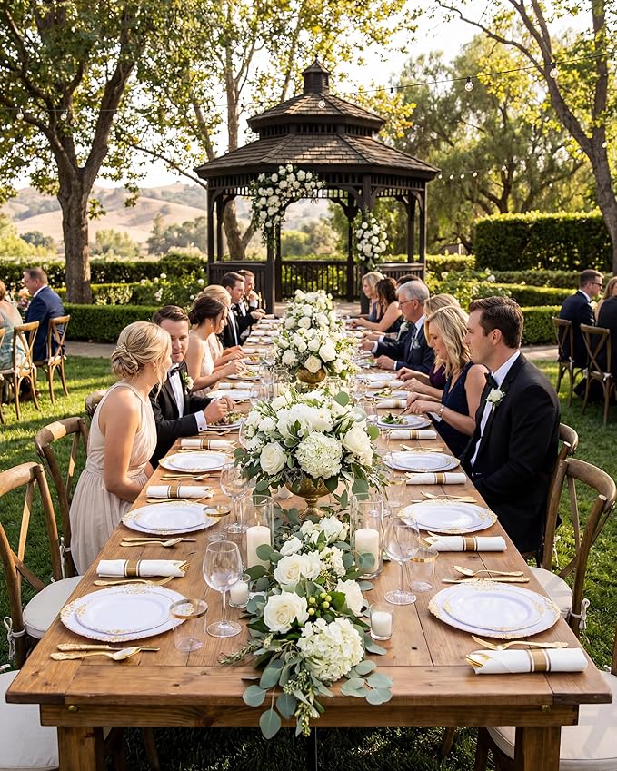 Nervure 350PCS Gold Plastic Dinnerware - White and Gold Disposable Plates for 50 Guests - 100 White Disposable Plates, 150 Plastic Silverware, 50 Cups, 50 Napkins for Wedding & Party & Mother's Day