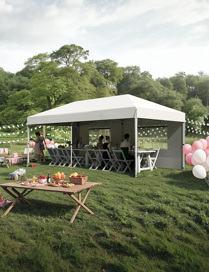 10'x 20' Pop up Canopy Tent, Instant Easy Setup Commercial Canopy Tent with 2Pcs Sidewalls, 12 Stakes & 6 Sandbags, Portable Outdoor Tent for Farmers' Market, Wedding, Patio, Party, Event-White