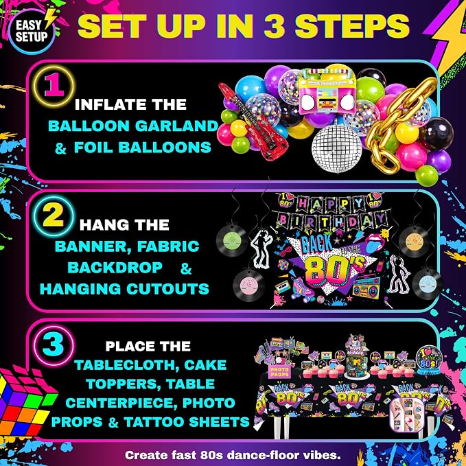Premium 80s Party Decorations, Back to the 80s Birthday Party Decorations with Fabric Backdrop, Tattoos, Balloon Garland, Banner, Table Decor, Photo Props, Cake Toppers for Birthday Party, and More