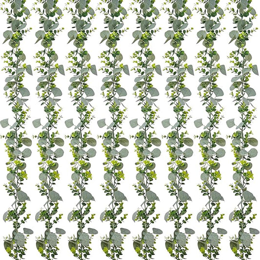 8 Pack Artificial Eucalyptus Garland Fake Greenery Garland Plant Vines Hanging Eucalyptus Leaves for Wedding Backdrop Arch Wall Decor Outdoor Table Centerpieces