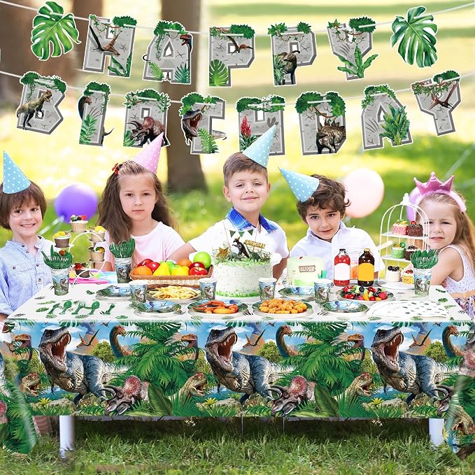 Tatuo 172 Pcs Dinosaur Birthday Party Supplies Dinosaur Theme Party Decorations for Dino Tablecloth Happy Birthday Banner Knife Fork Spoon Plate Napkin Cup Tableware Supplies Serve 24