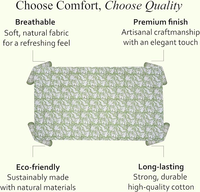 CPC Cotton Tablecloth 80x120 Inch Rectangle Indian Block Print Tablecloth- Green Washable Wedding Table Cover for Thanksgiving/Christmas- Olive Green