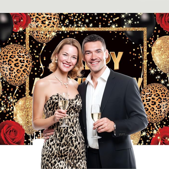 Leopard Print Happy Anniversary Backdrop 7Wx5H Feet Polyester Fabric Black Gold Red Cheetah Print Decoration Balloon Rose Cool Party Celebration Photography Background Photo Shoot Props
