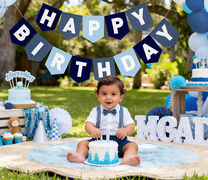 Felt Navy Blue Happy Birthday Banner Birthday Decorations for Women Girls Boys Men Pets Handmade Party Backdrop