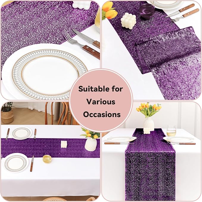 Sugargirl 10 Packs 12 x 72 inches Sequin Table Runner, Glitter Purple Table Runner for Birthday Party Supplies Wedding Holiday Celebration Event Decorations