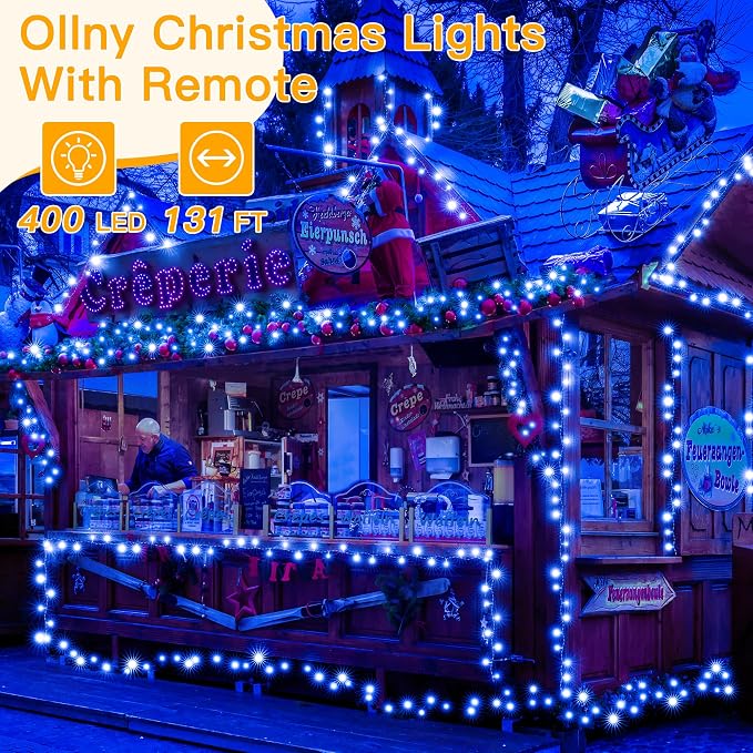 Ollny Blue Christmas Lights Waterproof, 400LED 131FT String Lights with Remote 3 Timer, Plug in 8 Modes Fairy Light for House Xmas Tree Bedroom Indoor Outside Decorations