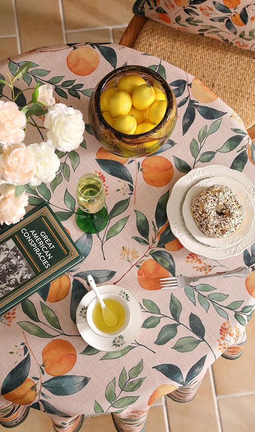 patdrea Designer French Linen Tablecloth,Round,Diameter 55"-Palladin A | Colorful Elegant Table Cloth for Round Table,Orange Floral Patterned,for Dining Room Tea Party Thanksgiving