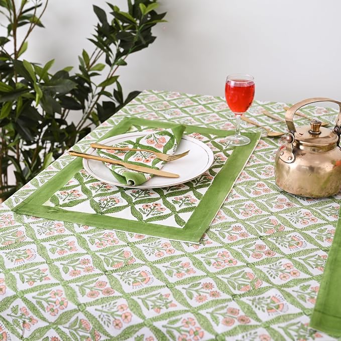 Hand Block Printed Tablecloth, Colorful Floral Print, Indian Artisan Handmade Art, Dining Room, Kitchen, Outdoor Décor, (Fresh Green Leaves, 14 Seater 72 x 160 Inches Rectangle)