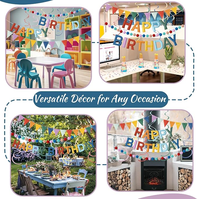 Kriyokiaa Pre-Strung Felt Happy Birthday Banner Retro Boho Rainbow Happy Birthday Party Decorations with Pom Pom Garland, Flag and Hanging Swrils for Women Men Boys Girls Party Decor