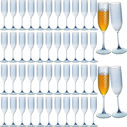 48 Pack Blue Plastic Champagne Flutes Mimosa Unbreakable Champagne Glasses Wedding Toasting Glasses 5.5 OZ Reusable Diamond Glasses Wine Cups Vintage Drinking Glasses for Wedding,Christmas,Party