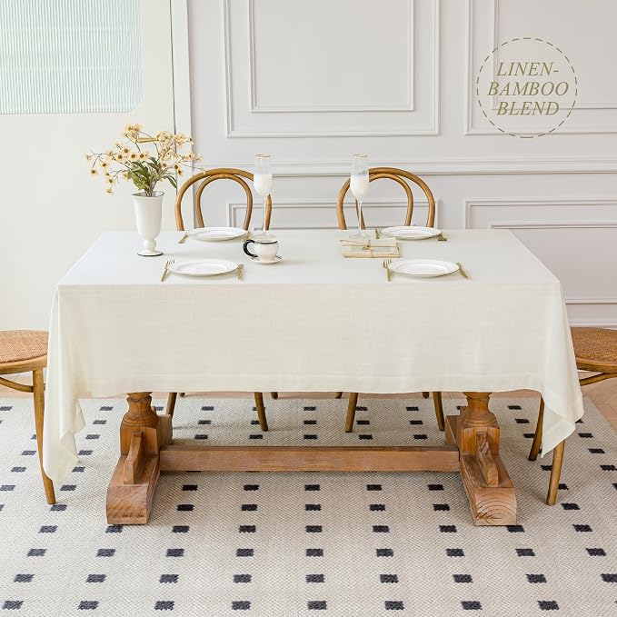 Linen World Linen Tablecloth 90x90 Inch, Square Tablecloth Luxury Texture & Linen Look – Soft, Cool & Breathable Linen Blend Tablecloth for Dining, Kitchen, Outdoor, Easter-Creamy White