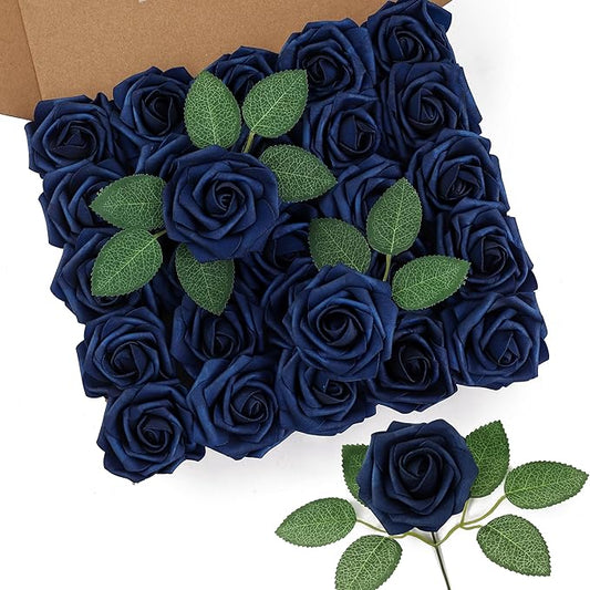 DuHouse 25Pcs Artificial Roses Flowers Fake Roses with Stems Real Touch Foam Flowers for DIY Wedding Bouquet Party Centerpiece Floral Arrangement Party Home Decor (Navy Blue)